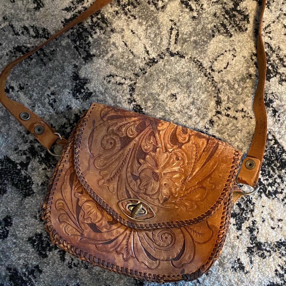 Vintage leather tooled crossbody bag